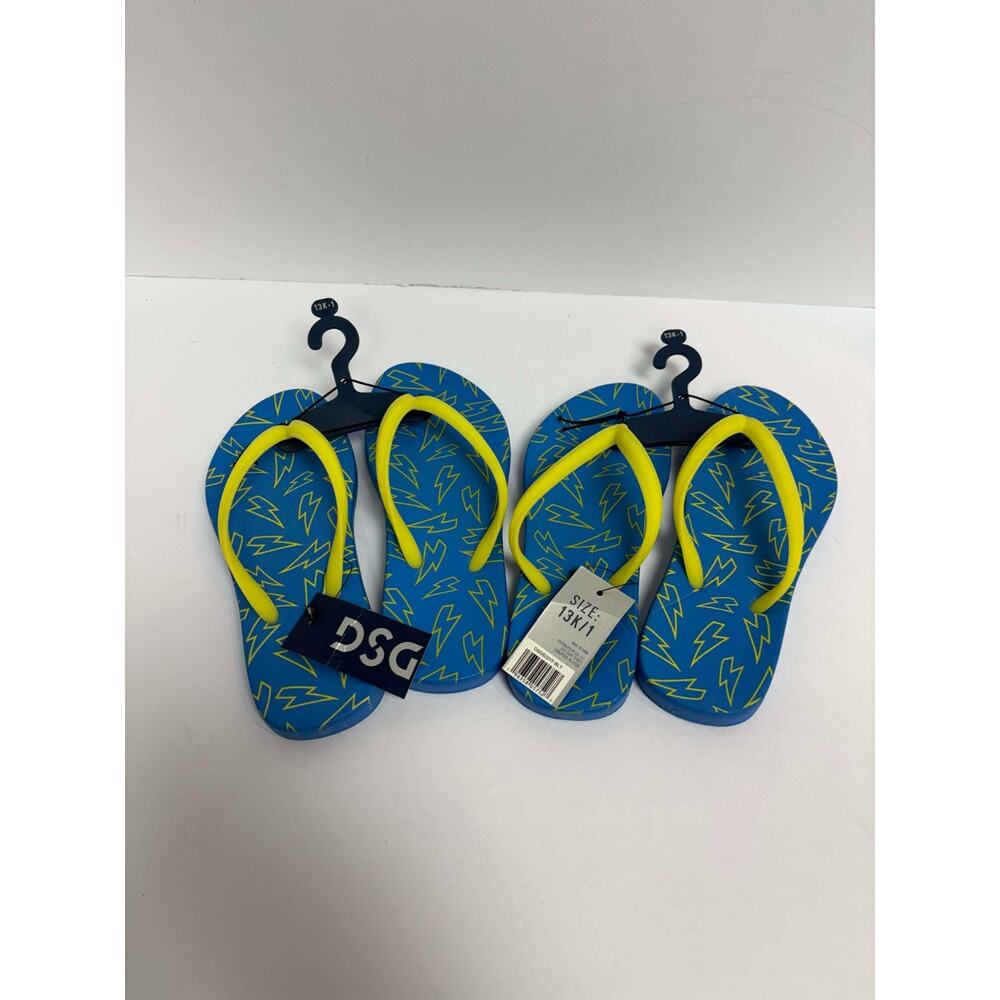 2X Flip Flops Blue Lightning Bolt Pattern Size 13K/1 Yellow Straps Sandals